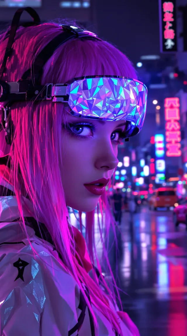 Cyberpunk anime kız, neon saç